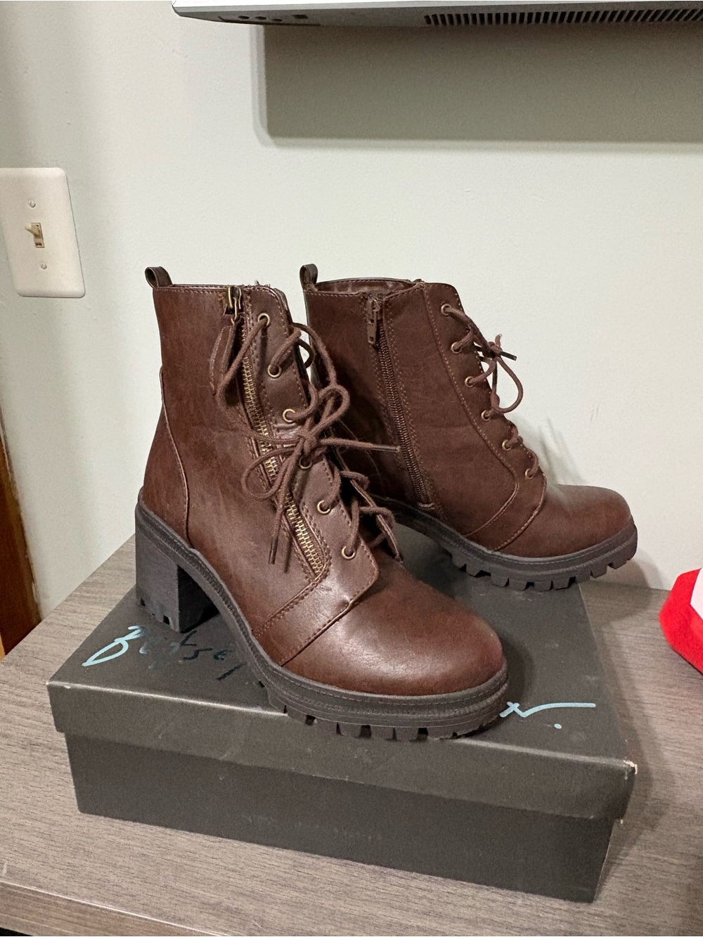 Soda Brown Lace-Up Block Heel Combat Boots
